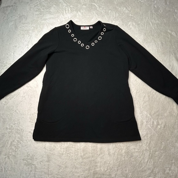 Quaker Factory Gommet Gem Stones Long Sleeve Tunic Top‎ Black Womens Small - Picture 1 of 8